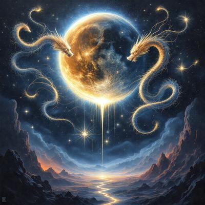 The primary subject of the image is a painting featuring a dragon and a moon. The dragon is located on the left side of the painting, while the moon is positioned in the center. The setting is a night sky, and the visual style appears to be a digital art or illustration. The colors in the painting are predominantly dark, creating a moody atmosphere.